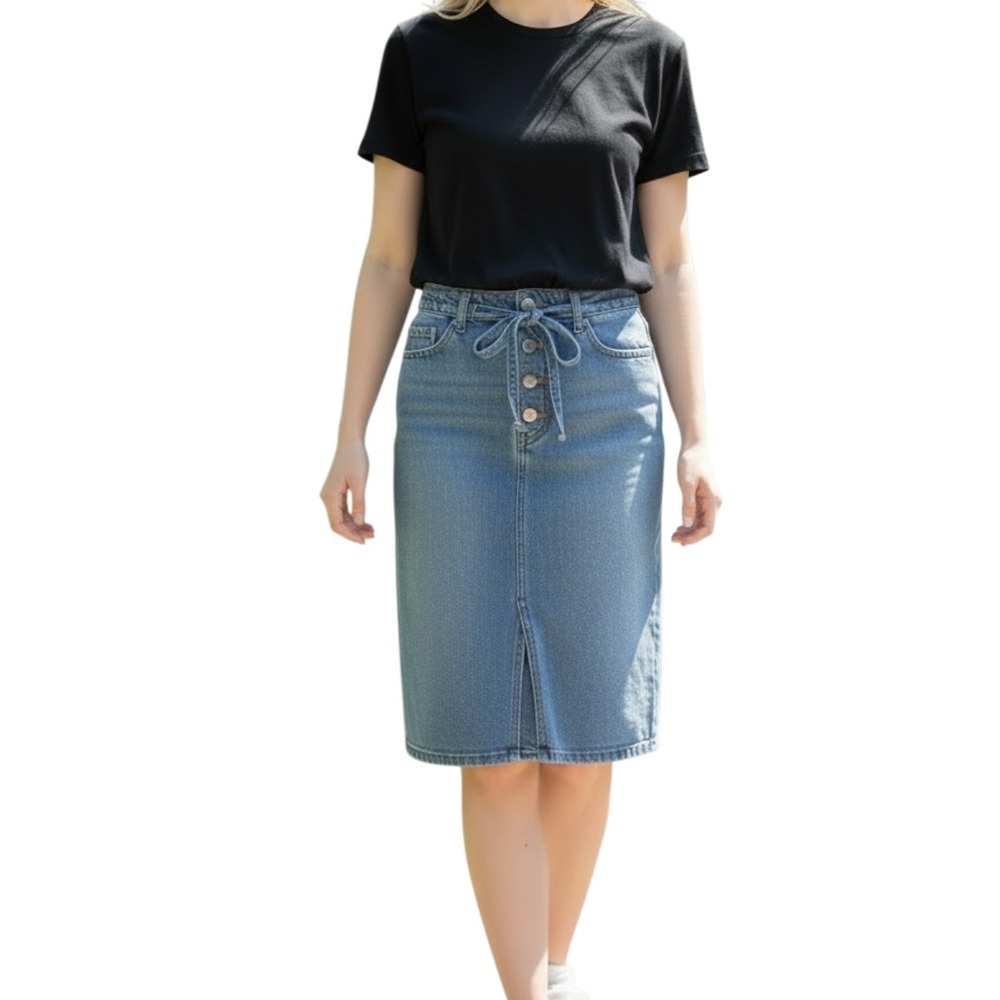 JAG Womens Medium Wash Denim Knee Length Skirt Size 0 Self Tie Belt J3111ACS270